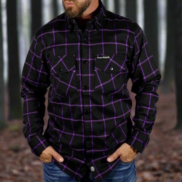 Demons Behind Me Shirt Mens Lrg The Raven Purple Plaid Flannel Skull Embroidered - Picture 1 of 12